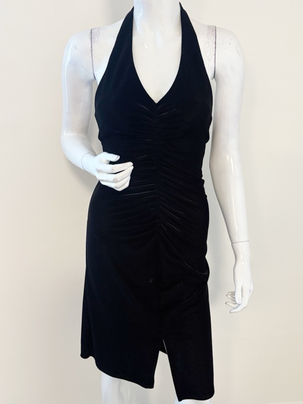 Vintage BCBG Paris Black Velvet Ruched Bust Halter Backless Mini Dress Vamp Alt